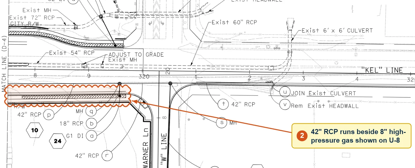 Drainage plan D-8 near Warner Lane: the proposed 42-inch RCP of Drainage System 10 along the south side of Keller Road, clouded by CivilRisk IQ