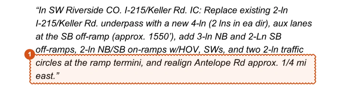 EIR/EA page 1-1: the FTIP description quoted for the project, ending in realign Antelope Rd approx. 1/4 mi east, clouded by CivilRisk IQ