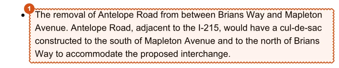 EIR/EA Summary page vii, Section S.4 Proposed Action: removal of Antelope Road between Brians Way and Mapleton Avenue with cul-de-sacs, clouded by CivilRisk IQ