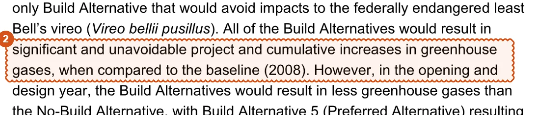EIR/EA Summary page viii: greenhouse gas increases described as compared to the baseline (2008), clouded by CivilRisk IQ