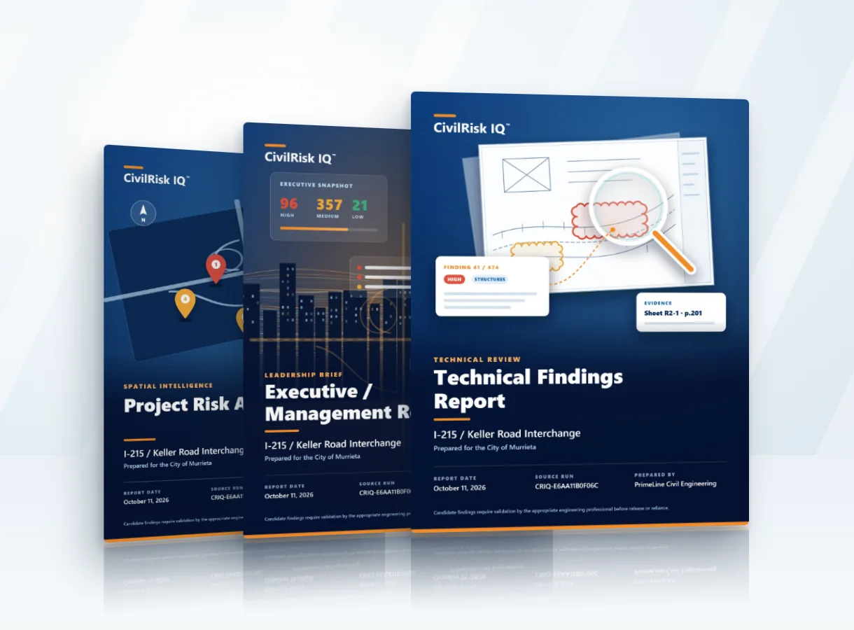 CivilRisk IQ Project Risk Atlas, Executive / Management Report and Technical Findings Report covers for the I-215 / Keller Road Interchange review