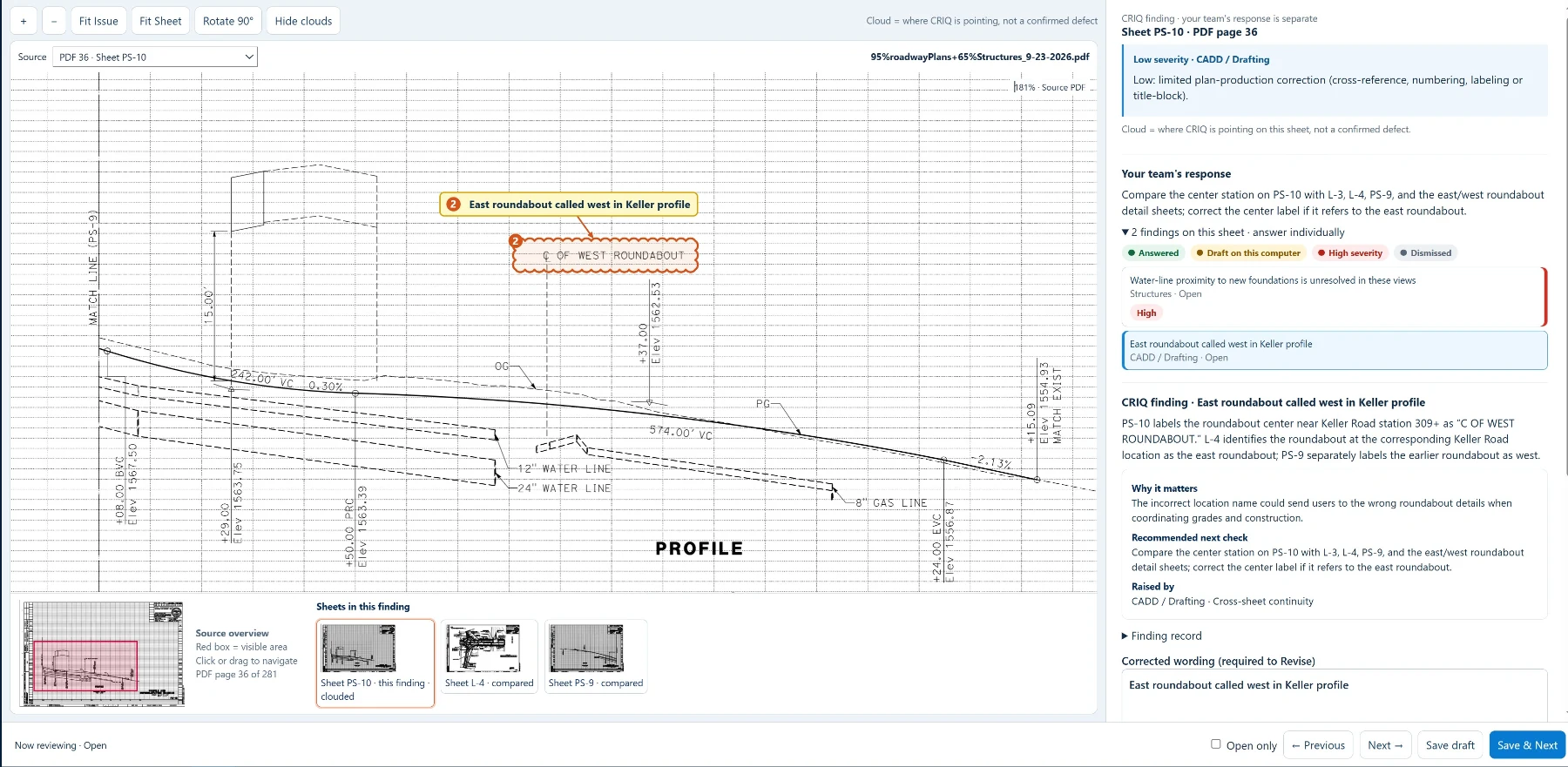 CivilRisk IQ review drawer on sheet PS-10 of the I-215 / Keller plans: CRIQ cloud and call-out on the roundabout label, the two findings on this sheet to answer individually, the sheets compared, and the finding, why it matters and recommended next check