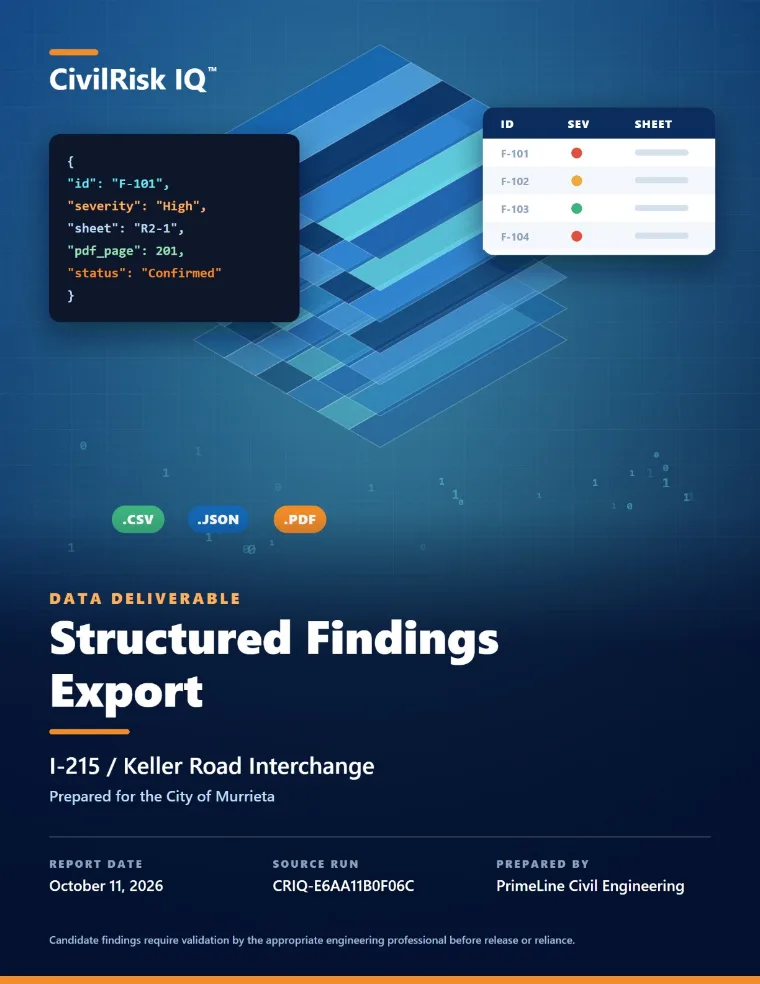 Structured Findings Export cover with CSV, JSON and PDF formats